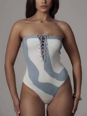 JLUXLABEL Blue Abstract Seabound Strapless Knit
Bodysuit